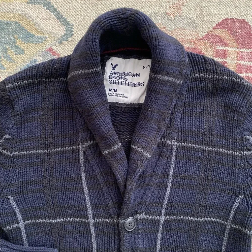 Y2K American Eagle Cardigan Sweater Vintage Chunky Medium Plaid Wool Cotton